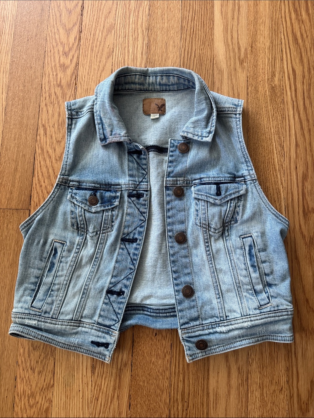 American Eagle Outfitters Light Blue Denim Vest with Leather Patch